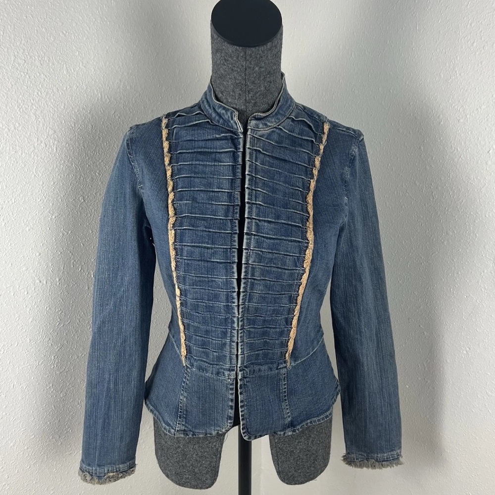 Vintage Y2K Live A Little Pleated Denim Jean Jacket Cinch Waist Size Medium 00s